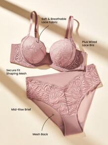 LUVLETTE Women 2pcs Sexy Lingerie Set Full Coverage Unlined Lace Elegance & Mesh Minimizer Bra Lace Bra Panty Matching Sets