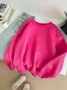 SHEIN EZwear Women's Casual Simple Round Neck Long Sleeve Thick Loose Sweatshirt Autumn Winter Clothes For Women - Pink - View 1