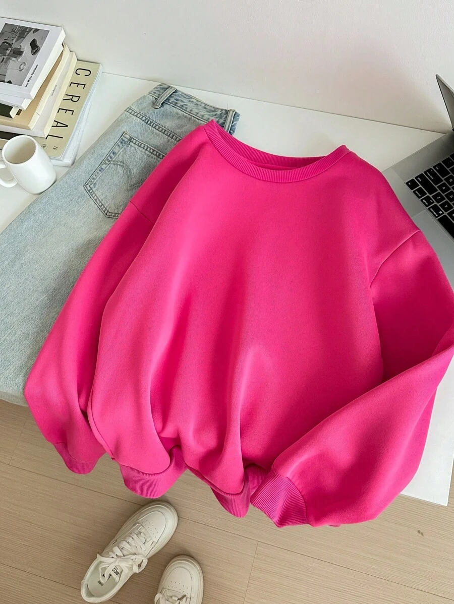 SHEIN EZwear Women's Casual Simple Round Neck Long Sleeve Thick Loose Sweatshirt Autumn Winter Clothes For Women - Pink - View 1