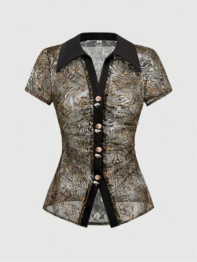 J-Fashion Chemise versatile pour femmes avec lien à nœud et imprimé léopard froncé