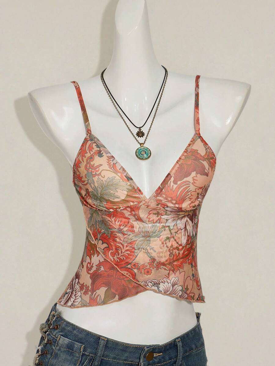 SHEIN ICON 女士花卉印花网眼吊带背心,适合度假穿着 - 彩色 - 查看 1