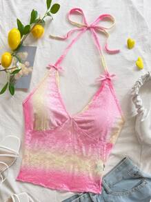 Soleia WYWH Women's Elastic Knit Elegant Casual Summer Gradient Lace Print Halter Neck Tied Bow Short Top, Suitable For Wedding Season - Pink - View 4