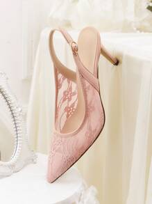 CUCCOO HITCHD Women Elegant Lace Embroidery Pointed Toe Shallow Pink Mesh Formal Shoes, High Heels Bridal Wedding Guest Party Pumps, Romantic Bridesmaid Shoes - Pink - View 12