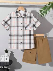 2pcs/Set Tween Boy Casual Plaid Short Sleeve Shirt And Cargo Shorts Set, Suitable For Commuting, School, Daily Casual, Sports, Spring/Summer - White - View 5