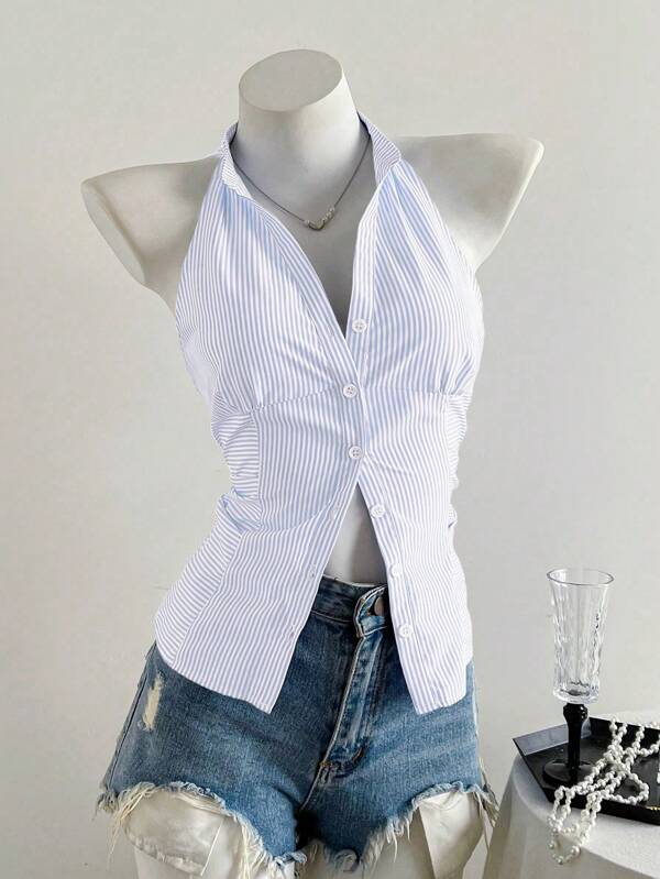 Elamini Women's Casual Fitted Mini Collarless Blue & White Striped Jacquard Tank Top