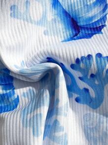 Swim Mod 2pcs/Set Summer Beach Random Print Textured Fabric Blue Pearl Shell Accessory Halter Bra Top & High Cut Bikini Swimsuit Set - Blue and White - View 6