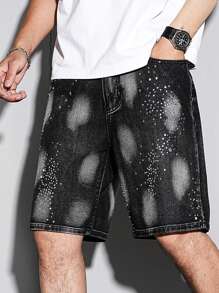 Manfinity Homme Pantalones cortos de mezclilla casuales holgados para hombres con bolsillos y rhinestones - Gris Oscuro - Ver 1