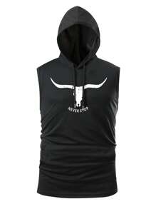 Manfinity LEGND Men's Letter & Bull Head Print Drawstring Hoodie Top - Black - View 3