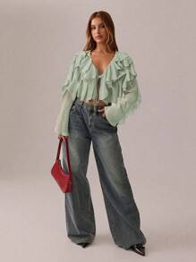 SHEIN SXY Tops blancos románticos; Ropa de mujer para primavera y verano; Tops cortos; Ropa de festival y fiesta; Camisa de mujer de manga larga, escote en V profundo, transparencia y tirantes con estampado de hoja de loto, sexy - verde menta - Ver 5