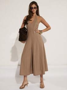 COSMINA Women's Solid Color Backless Wide Leg Loose Jumpsuit - Khaki - View 3
