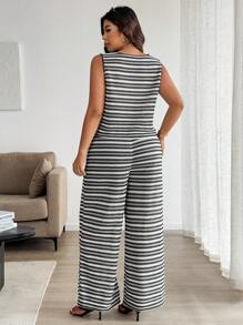 Easura 2pcs/Set Plus Size Women Summer Striped V-Neck Lace Tie Front Camisole & Pants Set