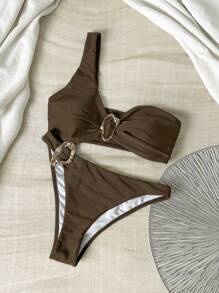 Swim Vcay Spring Break Women Beachwear Summer Outfits For Women, Solid Color Metal Decor Sexy Bikini Sets - Brown - View 1