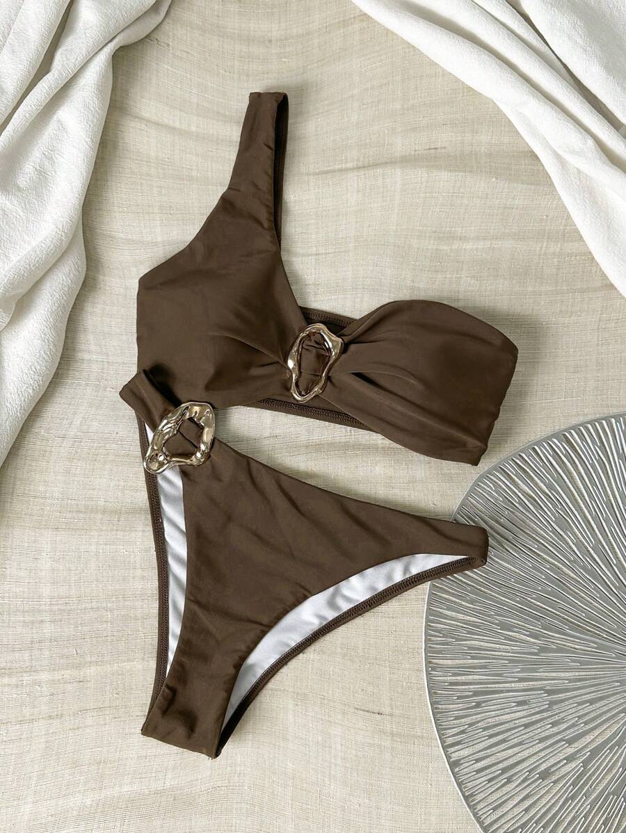 Swim Vcay Spring Break Women Beachwear Summer Outfits For Women, Solid Color Metal Decor Sexy Bikini Sets - Brown - View 1