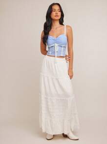 WESTFADE 棉质混纺格子细肩带可爱蝴蝶结前花蕾丝肩带无袖波西米亚牛仔背心西部纳什维尔牛仔夏季海滩度假吊带可爱早午餐上衣