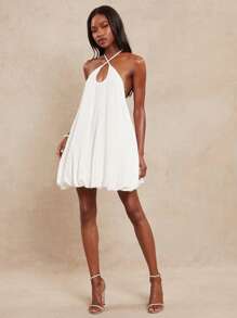 NYA SZN 连衣裙交叉吊带领口迷你泡泡裙花卉印花提花花朵细节早午餐新娘婚礼特殊场合太阳裙夏季春季服装女士 - 白色 - 查看 1