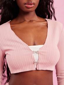 NYA SZN 春季银色细节装饰长袖开衫，适合节日、夏季、早午餐、度假、辣妹风、新娘晚宴、舞会、节日狂欢等场合，女士必备 - 粉色 - 查看 4