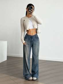 SHEIN EZwear Women's Long Sleeve Embroidered Decoration Cardigan