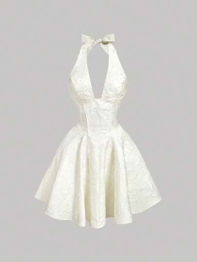 SHEIN MOD Vestido mini de mujer de color albaricoque con diseño de lazo, vestido mini halter de marfil blanco para invitada de boda, tela de jacquard con encaje, estilo de dinero antiguo, vestido ajustado y acampanado sin mangas, vestido elegante para ducha nupcial, cóctel, compromiso, recepción, reunión festiva, evento formal de verano