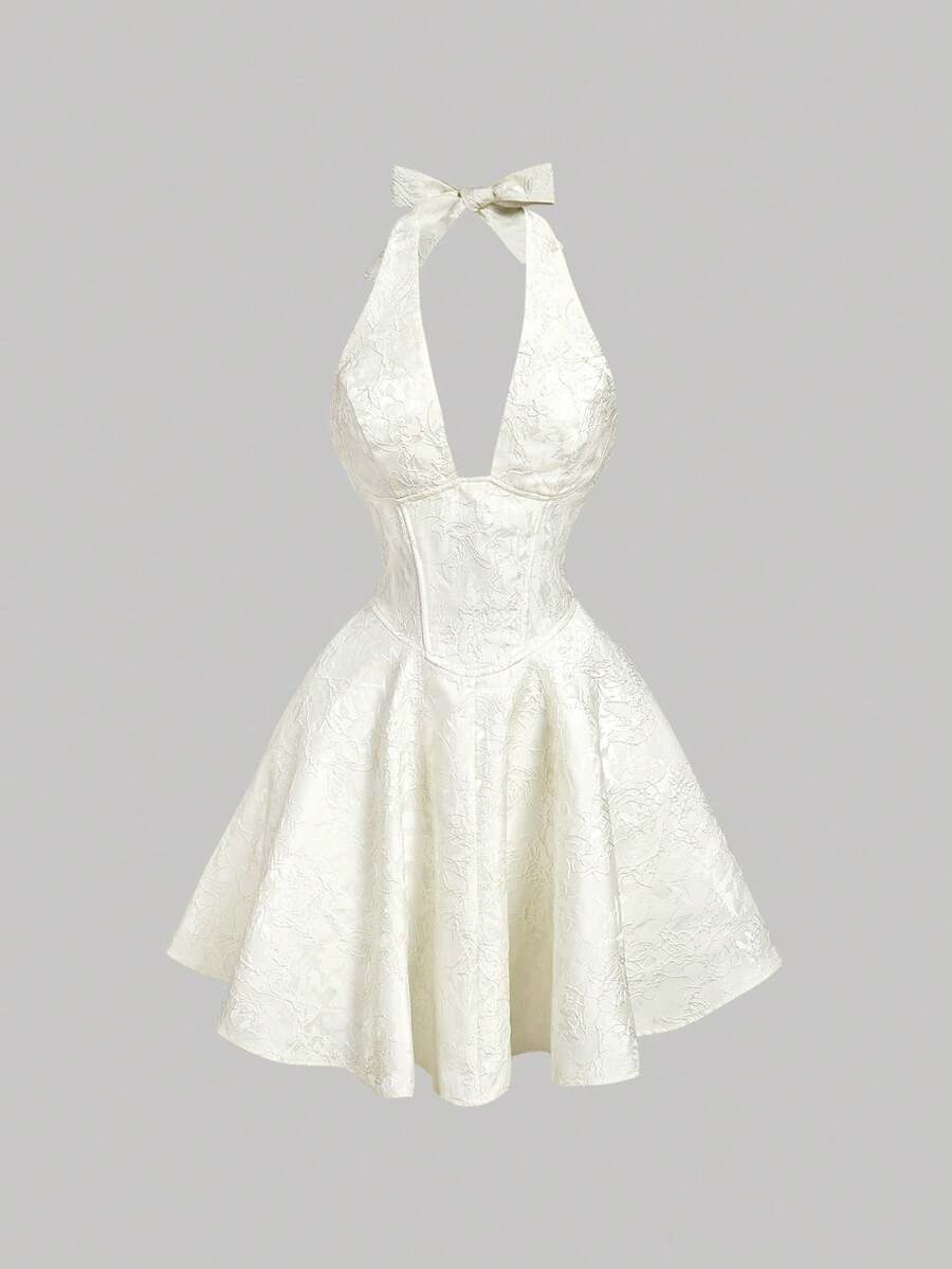 SHEIN MOD 杏色蝴蝶结迷你连衣裙，象牙白露背迷你连衣裙，适合婚礼宾客派对，提花蕾丝面料，复古风格，无袖修身A字裙，优雅新娘送礼会、鸡尾酒会、订婚宴、招待会、节日聚会、正式夏季活动等场合。 - 杏色 - 查看 1