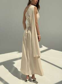 Aloruh Robe de mariée d'été élégante couleur abricot beige à une épaule, robe de soirée moulante mi-longue avec épaule froncée et basque pour femmes, tenue de bureau avec rubans fluides - Nude - Voir 3