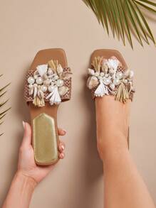 SHUZIA Nuevas sandalias de vacaciones de color tostado con decoración de conchas marinas y punta cuadrada, estilo glamoroso para el verano de las chicas - Granate - Ver 3