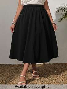 SHEIN PETITE CURVE Váy midi dáng chữ A màu đen trơn, cạp chun, thời trang mùa hè, dễ phối đồ, thích hợp cho nữ, đi biển, nghỉ mát, hoặc người có chiều cao khiêm tốn, dịp Lễ Tình nhân. - màu đen - Xem 6