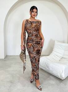 SHEIN SXY Women Leopard Print Brown Short Dress,Elegant Summer Off The Shoulder Outfits, Night Out Club Festival Fashionable Old Money Style - Multicolor - View 7