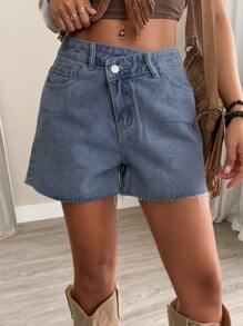 DAZY Women's Summer Skew Collar Waist Design Frayed Street Casual Denim Shorts Low Rise Jeans