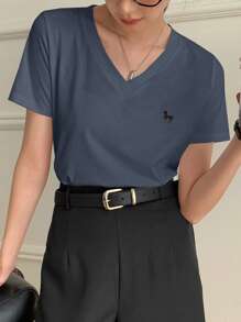 DAZY 女士V领刺绣短袖休闲T恤 - 藍色 - 查看 6