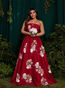 SHEIN Belle Vestido de novia tubo con estampado de talla grande, vestido de línea A de largo hasta el piso, diseño elegante y sencillo para boda, fiesta, banquete - Burdeos - Ver 3
