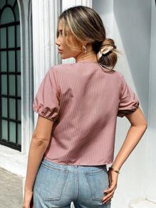 Pariaura French Casual Vacation Sexy Bowknot Up Ruffle Hem Short Sleeve Women Blouse - Multicolor - View 2