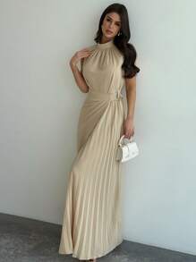 Firerie Women's New Apricot Sleeveless Waist Pleated Hem Long Dress, Elegant Commuter Dress, Waist A-Line Dress, Small Stand-Up Collar Dress, Apricot Dress, Spring, Summer And Autumn Clothing, Commuting, Elegant, Mother's Day, Teacher's Day, Work Clothing,Graduation,Teacher Outfits For Women,Teacher Dress - Apricot - View 4