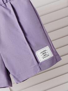 SHEIN Playful Pals 男宝宝时尚休闲翻领短袖衬衫短裤套装，夏季 - 紫色 - 查看 7