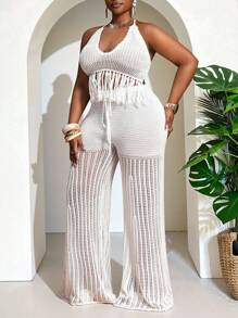 2025 春夏新品 音乐节,复活节,西部,游牧,波西米亚,纳什维尔,生日派对,毕业典礼,学生,日常休闲,基础款,休闲,度假,邮轮旅行,海滩,日光浴,休闲度假,海滩度假,休闲度假 印花,镂空,白色,流苏,钩编,针织,性感,无袖 挂脖 低胸 系带 修身上衣/直筒 加长裤 加大码 针织 2 件套 - A - 白色 - 查看 9