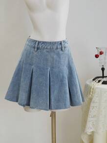 SHEIN MOD 女士纯色褶皱侧拉链休闲百搭牛仔裙、褶裙、女士夏季连衣裙、女士生日裙、女士商务休闲裙、乡村音乐会裙、女士音乐会裙、女士休闲裙、女士度假裙、茶会裙、女士邮轮裙 - 淺色水洗藍 - 查看 1