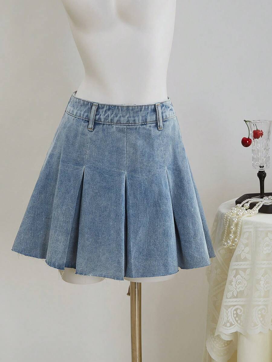 SHEIN MOD 女士纯色褶皱侧拉链休闲百搭牛仔裙、褶裙、女士夏季连衣裙、女士生日裙、女士商务休闲裙、乡村音乐会裙、女士音乐会裙、女士休闲裙、女士度假裙、茶会裙、女士邮轮裙 - 淺色水洗藍 - 查看 1