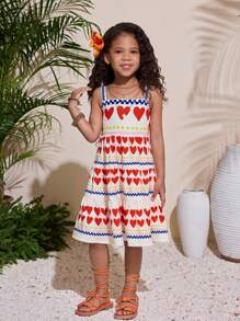 3 件套年轻女孩休闲度假吊带心形印花 A 字形拼接连衣裙，母子装（单独出售） - 彩色 - 查看 4