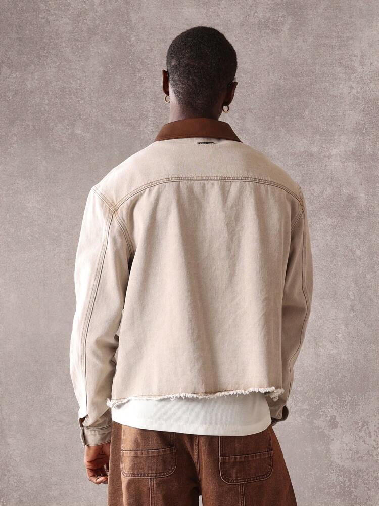 Zipper Front Denim Trucker Jacket With Corduroy Collar