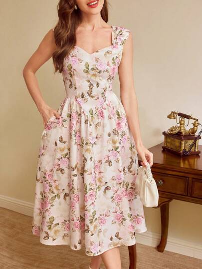 Vintamour 复古优雅花卉印花无袖心形领口吊带A字连衣裙，带口袋，及膝情人节情人节服装女士度假服装女士夏季服装女士白色连衣裙女士白色连衣裙女士生日礼服情人节礼服情人节舞会礼服女士礼服优雅女士生日服装女士婚礼宾客礼服女士教堂服装女士情人节礼服女士派对礼服