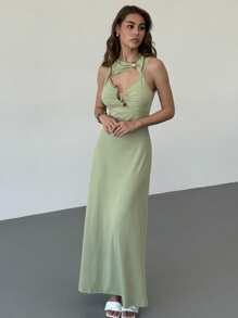 Aloruh New Fashion Simple Commuting Solid Color Cutout Splice Metal Decor Waist Flared Maxi Sleeveless Dress - Green - View 5