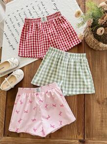 LMoss Kids Conjunto de 1 + 3 para niña, compuesto por pantalones cortos integrados con parche, lazo y estampado de letras, adecuado para el hogar, salidas, deportes y compras