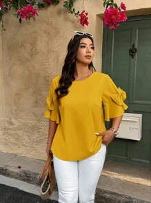 SHEIN Holidaya Plus Size Casual & Holiday Style Solid Color Round Neck Shirt With Bow Decor
