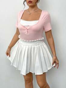 Flirla 大码女式两件套休闲红色二合一短袖上衣+白色百褶裙套装