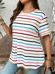 SHEIN LUNE 加大码圆领条纹印花短袖休闲日常秋季 T 恤，旅行机场情人节度假夏季外出上衣，商务休闲夏季办公室