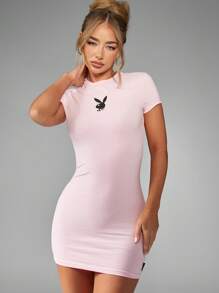 Missguided x Playboy Stretchy Fitted T-Shirt Mini Dress Classic Bunny Logo Short Sleeve Bodycon Athletic Style Casual Summer Spring Basic Essential - Pink - View 1