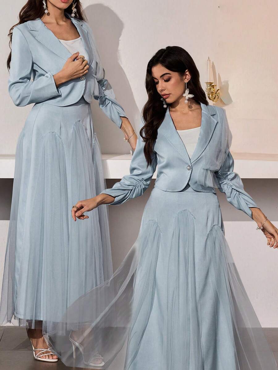 Modelyn Conjunto de 2 piezas para mujer: Blazer corto romántico con inserto de malla y falda, primavera/verano - Azul - Ver 1