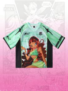 ROMWE MEN Winx Club X ROMWE Camiseta de manga corta deportiva de malla para hombres, jersey atlético
