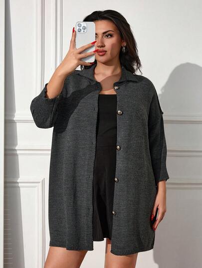 EURMUSE Women's Solid Color Oversize Loose Button Front Long Skeeve Casual Cardigan Blouse