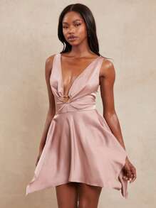 NYA SZN Dusty Rose,Summer,70s,Party Low Cut Sleeveless Handkerchief Hem Fairycore Sundress,Satin Prom Formal Wedding Guest Bridal Bridesmaid Festival Outfits - Pink - View 6