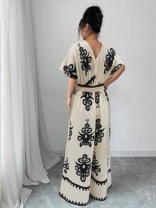 Chiquease Bộ đồ liền thân tay ngắn in họa tiết hoa cổ chữ V sâu phong cách Pháp đa năng cho nữ - Nhiều màu - Xem 2